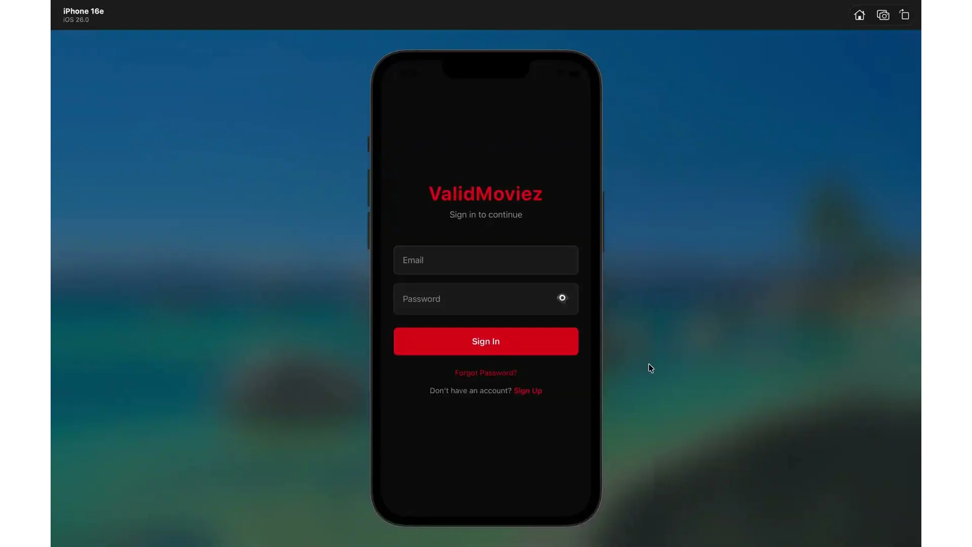 ValidMoviez sign-in screen shown in the mobile app demo